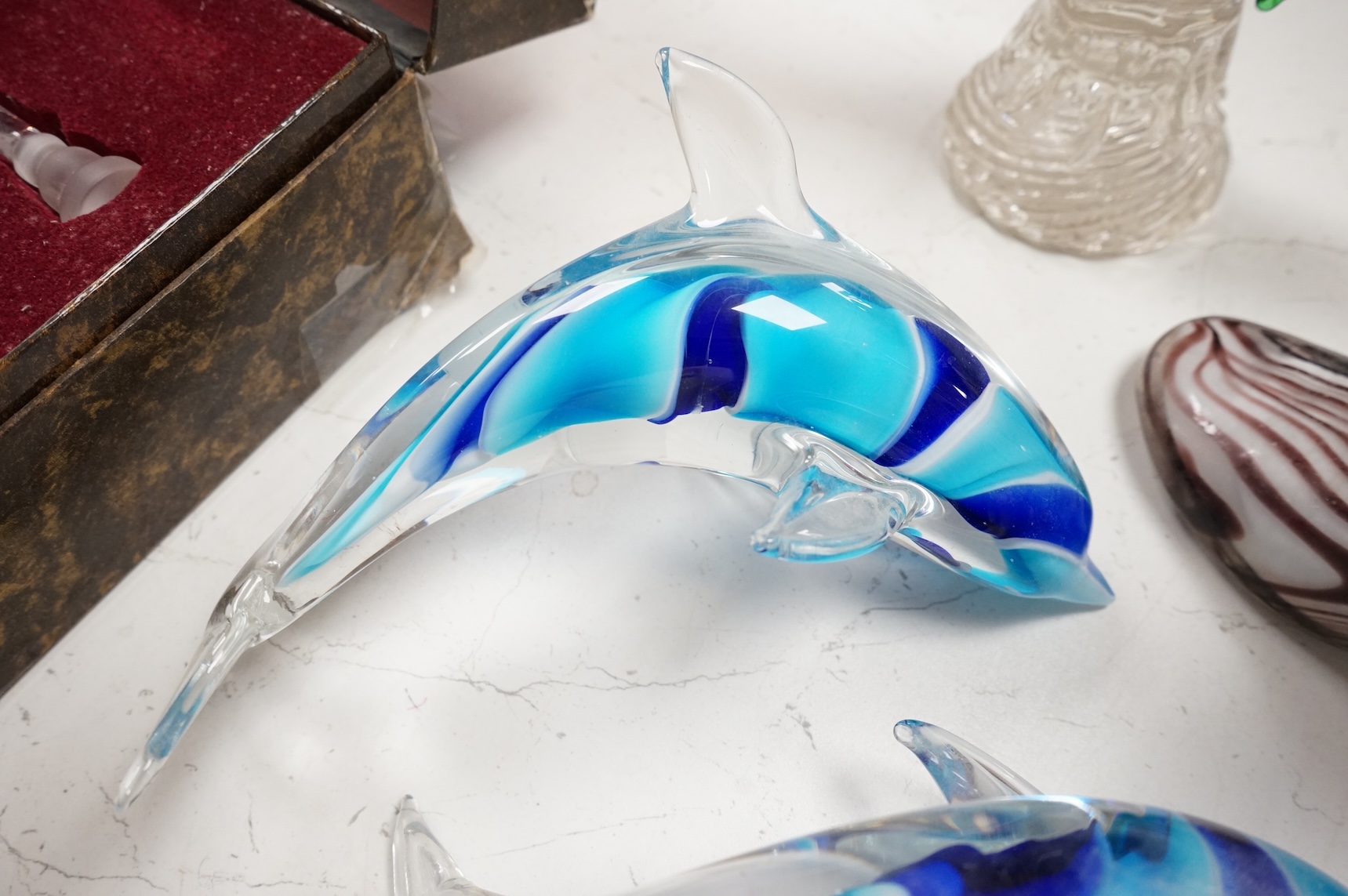 Art glassware comprising a Murano glass cockerel, a large ladies boot and a pair of dolphins, largest 48cm high